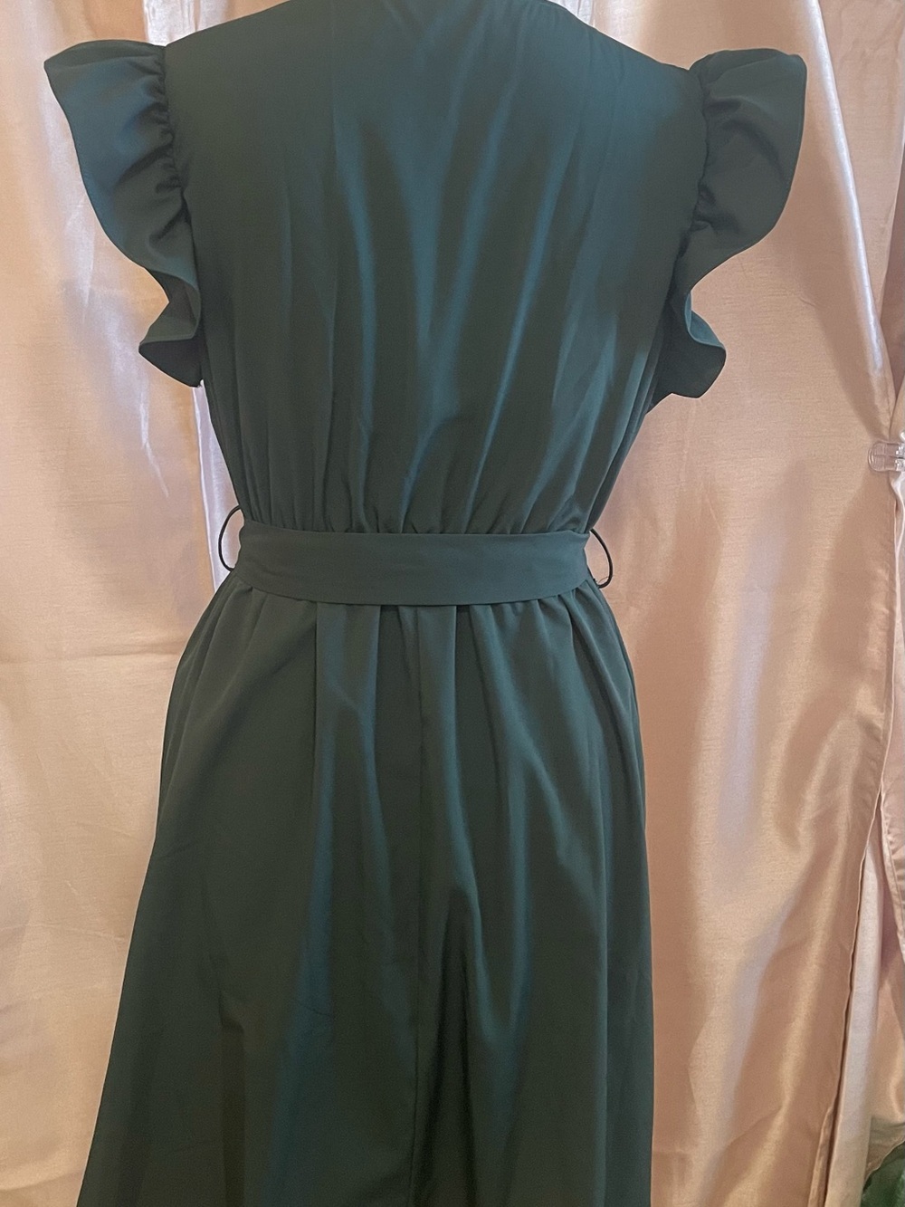 Faux Wrap Dress with Flutteri Sleeves in Deep Green - Picture 3 of 9